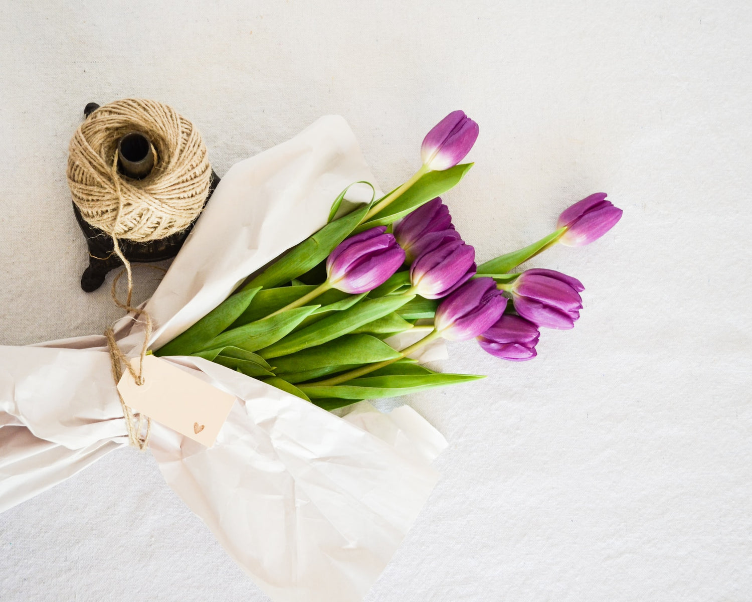 Violet tulips bouquet wrapped in white paper and yarn.jpg